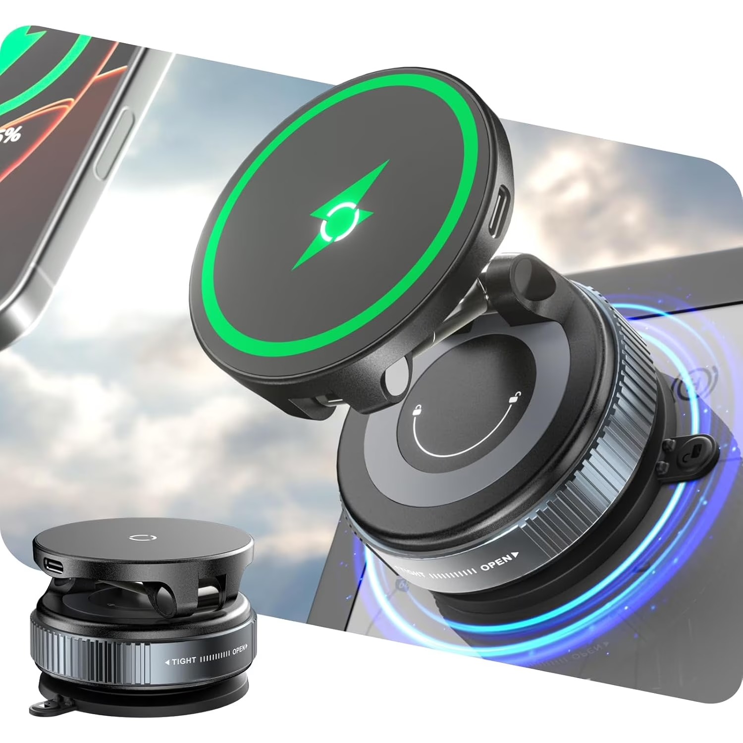 Wireless Car Charger Mount Fast Charging - Carregador Rápido Sem Fio de 15W